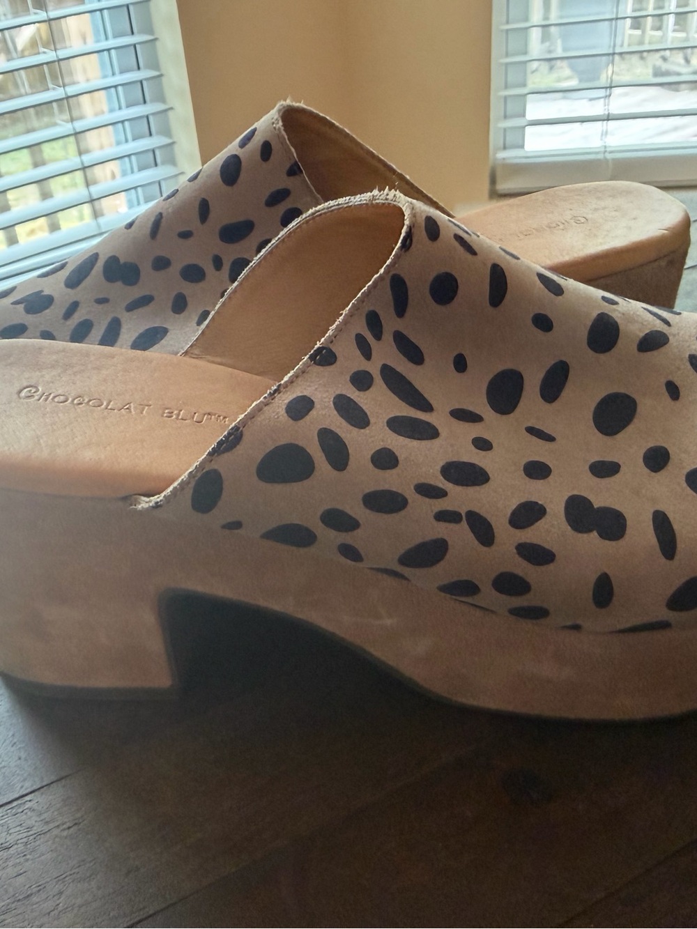 Chocolat Blu Tan Suede Clog with Black Leopard Spots